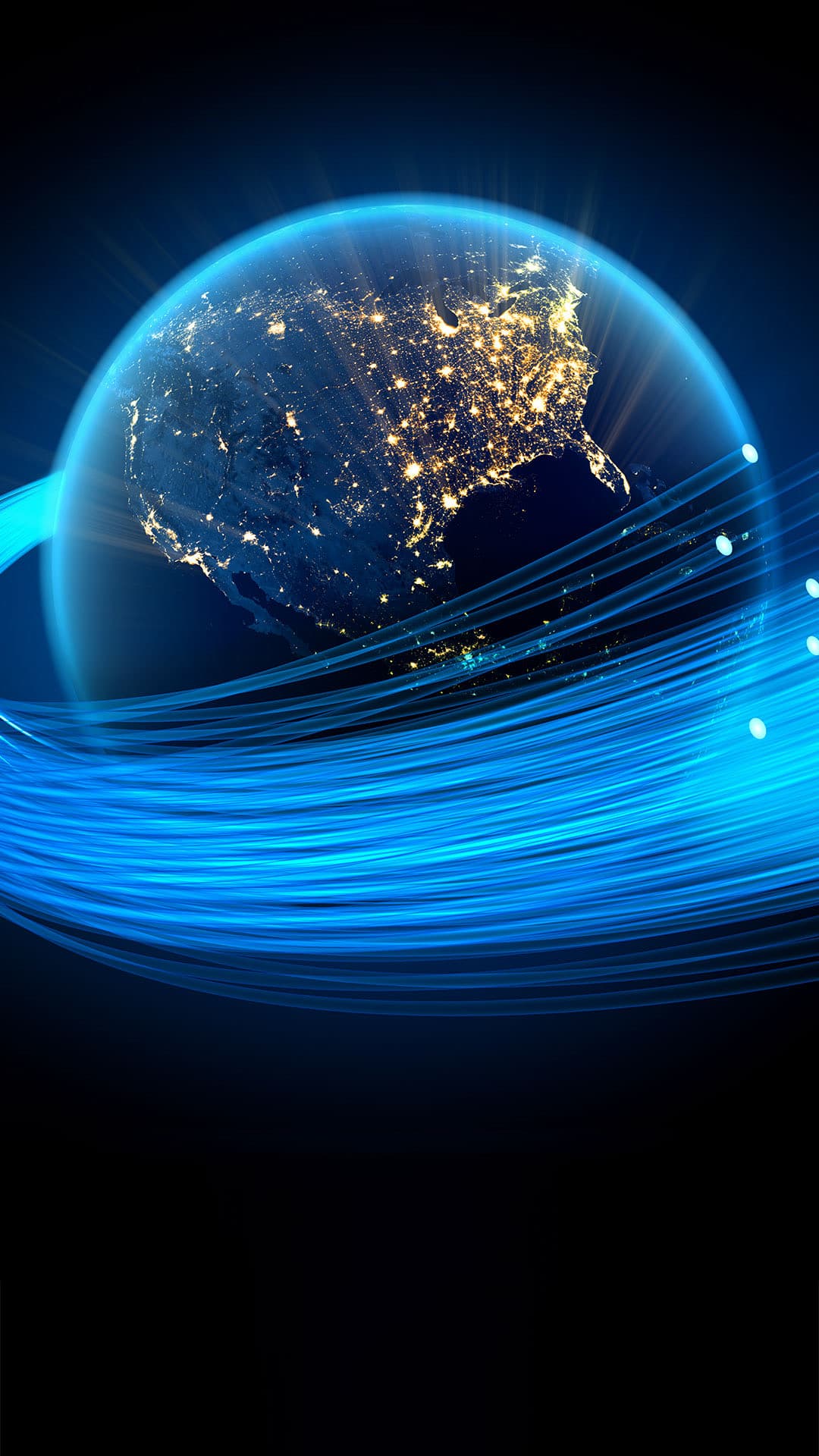 Jordkloden med lysende bynett og blå fiberoptiske kabler som symboliserer global kommunikasjon